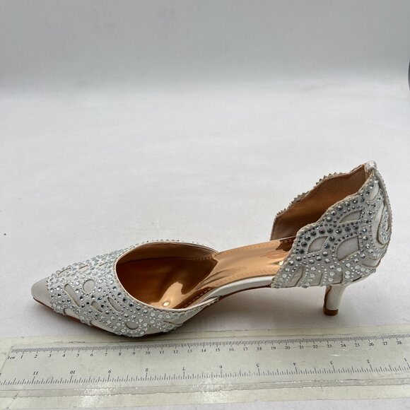 XYD Beige Pointed Toe D'Orsay Kitten Heel Rhinestone Studs Slip-On Satin Shoes - Picture 1 of 7